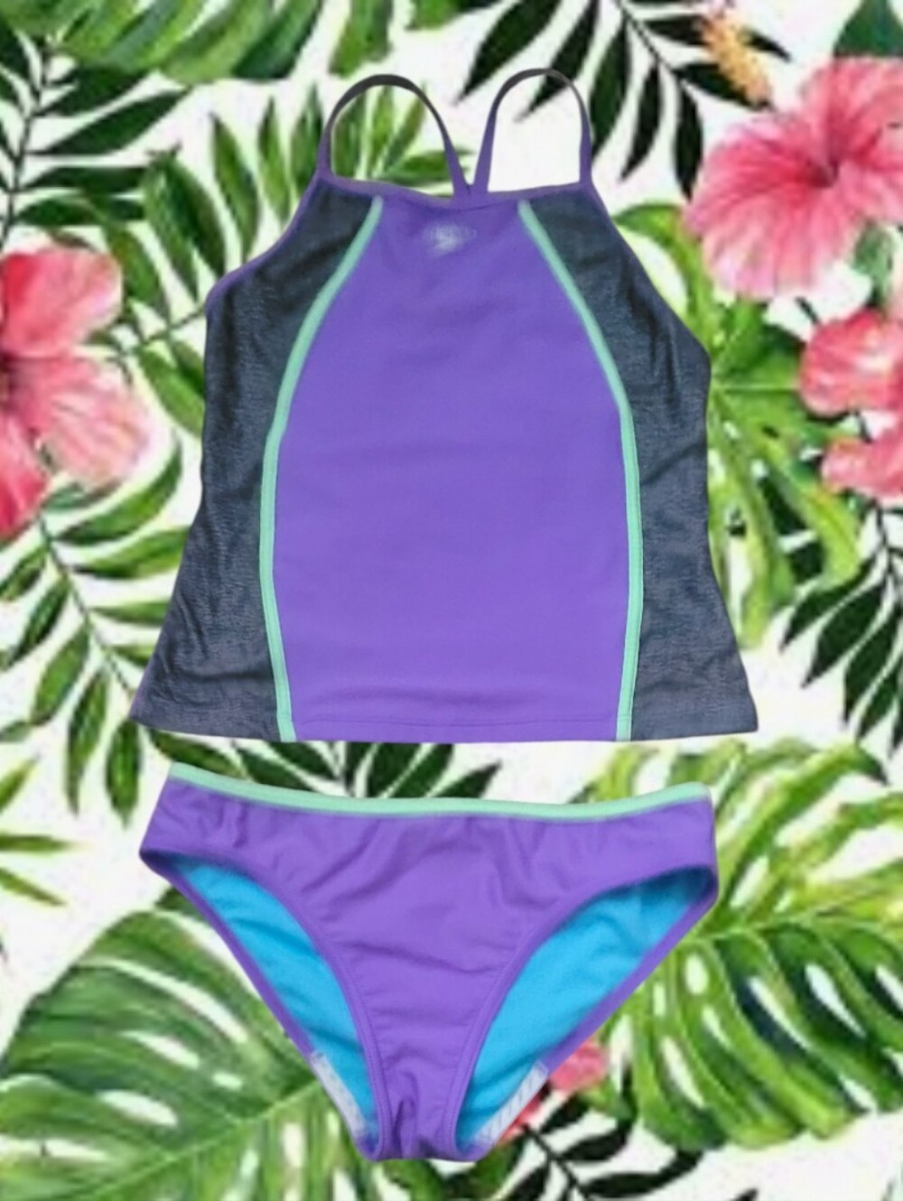 Speedo GIrl's Heather Splice Tankini Two-piece Swimsuit